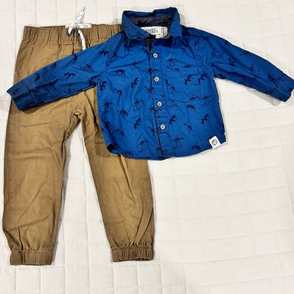 Free Planet Button Down Dress Shirt Blue Dinosaur Khaki Pants Set 18M